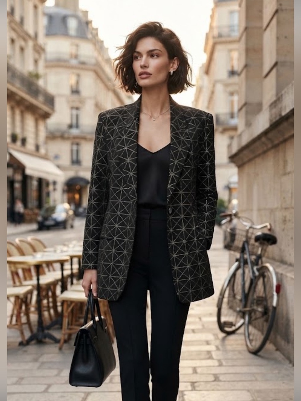 Vintage Ellen Tracy Black Geometric Wool Long Blazer Minimalist Designer Jacket